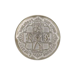 Vintage style brass metal button with embossed royal heraldic crest lions and harp design