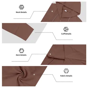 Detaillierte Ansicht von Kragen, Manschette, Saum und Leinenstoff des braunen Herren-Hoodies.