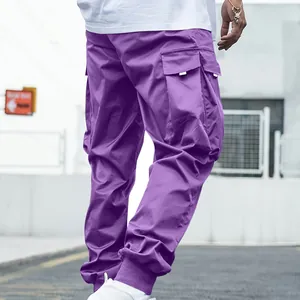 Detailed back view of men's stylish purple multi-pocket cargo pants with cuffed joggers design