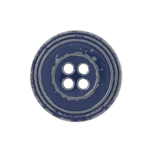 Vintage navy blue four-hole metal button with distressed silver rim and needle-check safe.