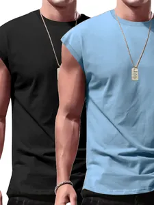 Close-up detail of casual loose-fit sleeveless t-shirts in classic black and light blue colors
