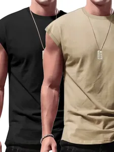 Detailed view of men's summer sleeveless tank tops in solid black and khaki colors.