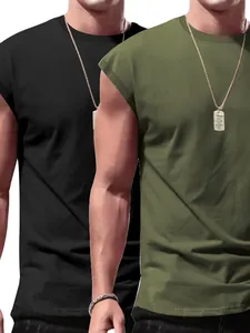 Close-up detail view of men's sleeveless tank tops in classic black and olive green