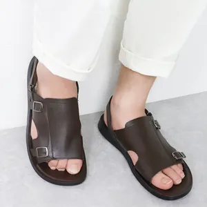 Men's dark brown Roman sandals with soft soles and buckle details
