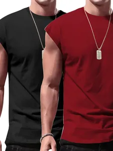 Detail view of men's casual sleeveless cotton muscle tees in black and burgundy shades.