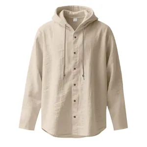 Lässige Herren Leinen-Kapuzenjacke, locker sitzendes Langarmhemd in Beige-Farbe
