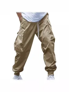Men's loose khaki cargo pants with multi-pockets and jogger cuffs for casual wear