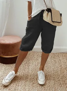 Short décontracté en coton et lin noir pour femme avec taille élastique et poches