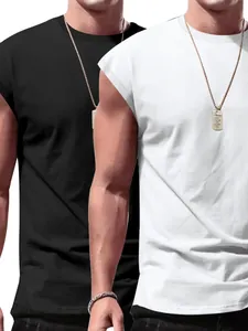 Detail view of premium men's sleeveless muscle tank tops in black and white colors