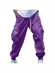Stylish men's purple loose fit cargo pants featuring multi-pockets and drawstring waist design