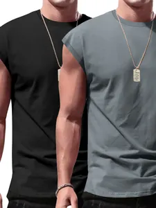 Detail view of men's sleeveless muscle tank top set in solid black and grey colors