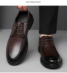 Close-up of men's dark brown leather dress shoes showing texture and lace-up detail