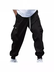 Loose fit men's black cargo jogger pants with functional multi-pockets and drawstring