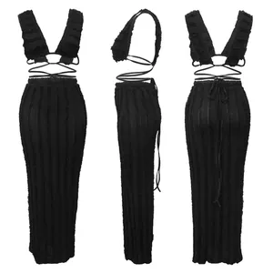 Detailed three-angle views of black textured lace two-piece skirt set with halter top