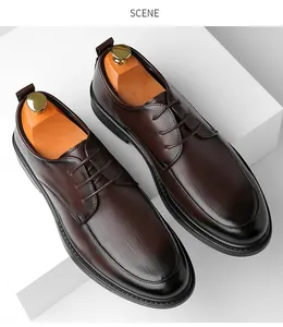 Top-down view of premium brown leather business formal shoes featuring wooden shoe trees