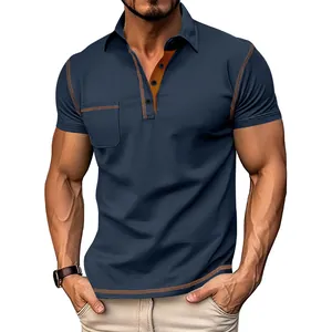 Herren Marineblaues Polo-Shirt Kurzarm mit eleganten Kontrastnähten und Brusttasche
