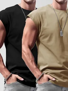 Men's relaxed fit sleeveless tank tops 2-pack in solid black and khaki summer style
