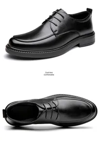 Detailed views of black leather men's business dress shoes from top and side angles