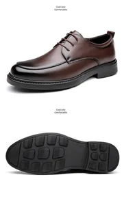 Detailed view of brown business leather shoe showing side profile and non-slip sole