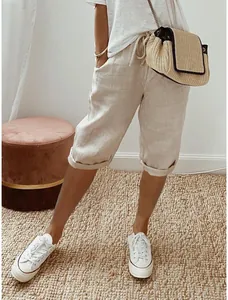 Pantalon décontracté en coton et lin pour femme avec taille élastique et poches
