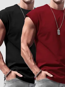 Close-up detail of men's sleeveless tank tops in black and burgundy 2-pack combo