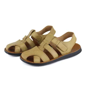 Detailed side view of men's breathable khaki Roman sandals featuring a black soft sole