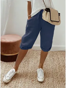 Pantalon court en coton et lin bleu marine avec taille élastique et poches pour femmes