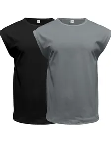 Front view detail of two-pack men's sleeveless solid color loose tank tops in black and grey