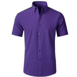 Men Business Casual Short Sleeve Shirt 4-Way Stretch Wrinkle Resistant Non-Iron Solid Color Slim Fit Button Down Top