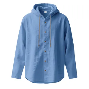 Bequemer blauer Kapuzen-Cardigan aus Leinenmischung für Herren mit Knöpfen und Kordelzug