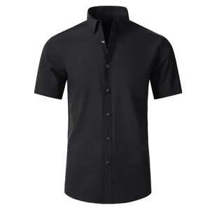 Front view detail of a black short sleeve shirt featuring wrinkle-resistant fabric for men