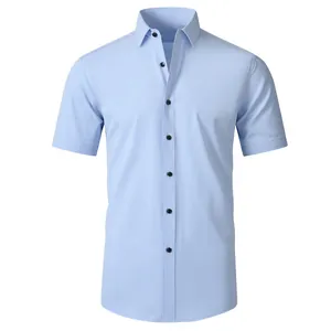 Front view detail of a light blue short-sleeved business shirt for men with black buttons