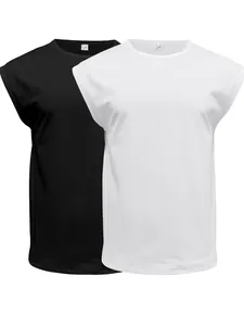 Front view of black and white men's sleeveless t-shirts in a two-piece set