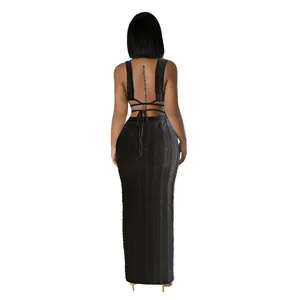 Rear detailed view of women's black sleeveless lace-up backless maxi skirt set with ribbed texture