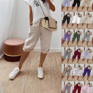 Short Décontracté pour Femmes en Polyester et Élasthanne avec Taille Élastique à Cordon et Poches Ourlet Retroussé Bas de Plage d'Été