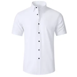 Slim fit men's white short sleeve business shirt with contrast black buttons non-iron