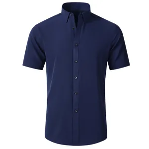Dark blue short sleeve men's business shirt featuring four-way stretch and non-iron fabric