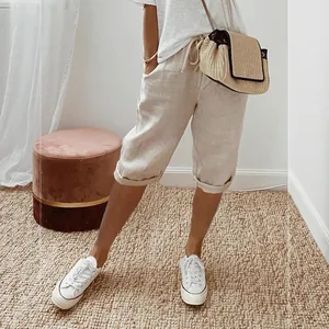 Pantalon court décontracté en coton et lin pour femmes avec taille élastique et poches