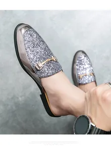 Stylish men's silver glitter loafers with horsebit buckle detail and metallic finish