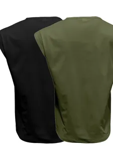 Back view of black and olive green sleeveless men's t-shirts in thin cotton fabric