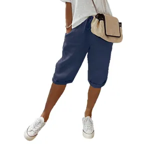 Pantalon court décontracté en coton et lin bleu marine pour femme avec taille élastique