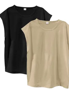 Set of two men's sleeveless cotton t-shirts in black and khaki colors with a relaxed fit