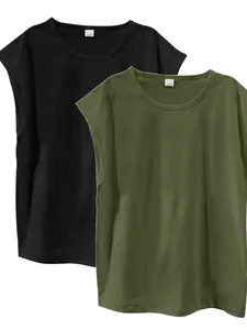 Detail view of two-piece set sleeveless men's tank tops in black and olive green
