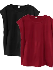 Close-up detail of two men's casual sleeveless tank tops in solid black and maroon colors
