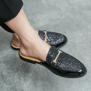 Stylish black glitter men's mules with metallic gold buckle detail for summer events