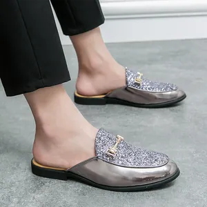Stylish men's metallic silver mules with glitter patches and horsebit buckle slip-on