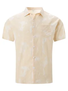 Front view of men's tie-dye short sleeve shirt showing collar and pocket details.