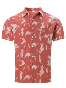 Detailed view of a men's rust red and white tie-dye short sleeve lapel beach casual shirt