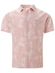 Detail view of pink and white tie-dye short-sleeve casual shirt with chest pocket