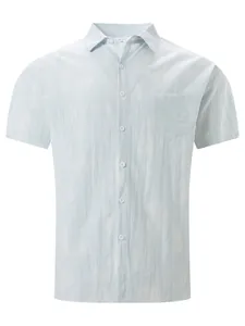 Detailed front view of men's summer light blue tie-dye short sleeve casual beach shirt